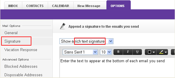 Trick to make a hot link to your yahoo signature at the bottom of email