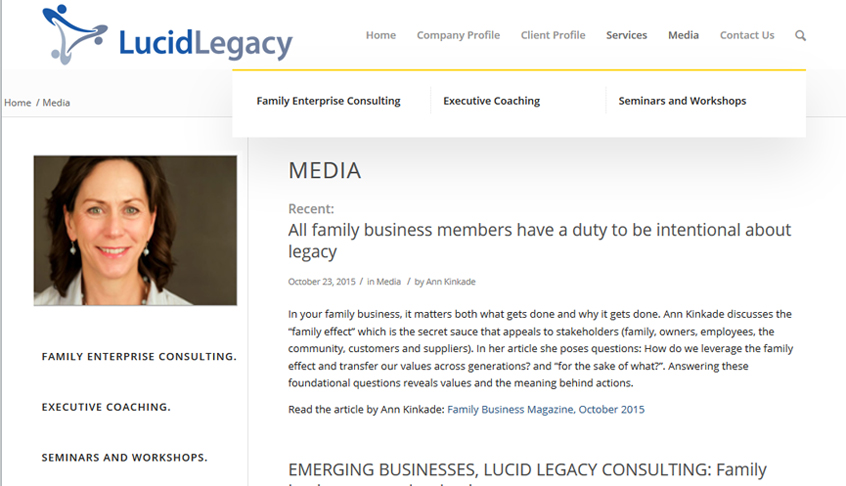 Screenshot of website for Lucid Legacy consulting - clean design with yellow contrast color