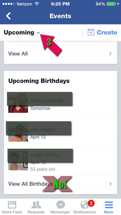 facebook phone app see all birthdays