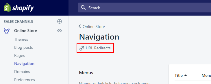 Where to find redirection in Shopify (screenshot)
