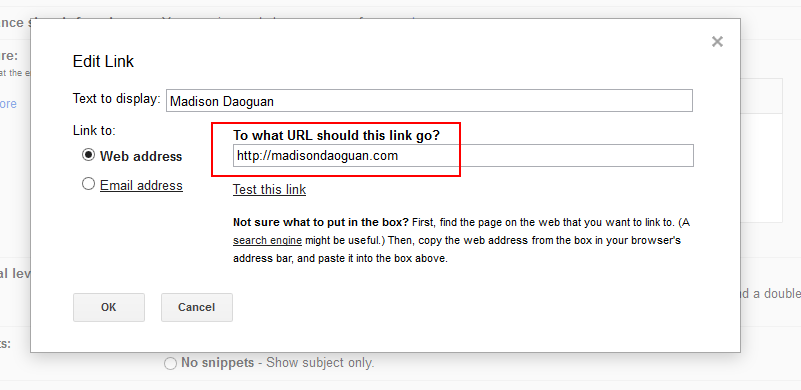 Where to put in the URL for a hotlink in Gmail Signature