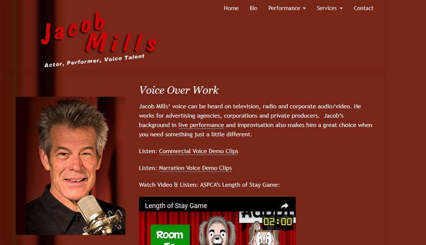 Jacob Mills - screenshot of his voice over page