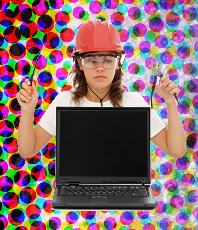 woman with laptop in construction hat, safety goggles and tools in hand - funny