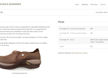 screenshot of a cobbler's website, 2-column page has shoe on left, price table on right